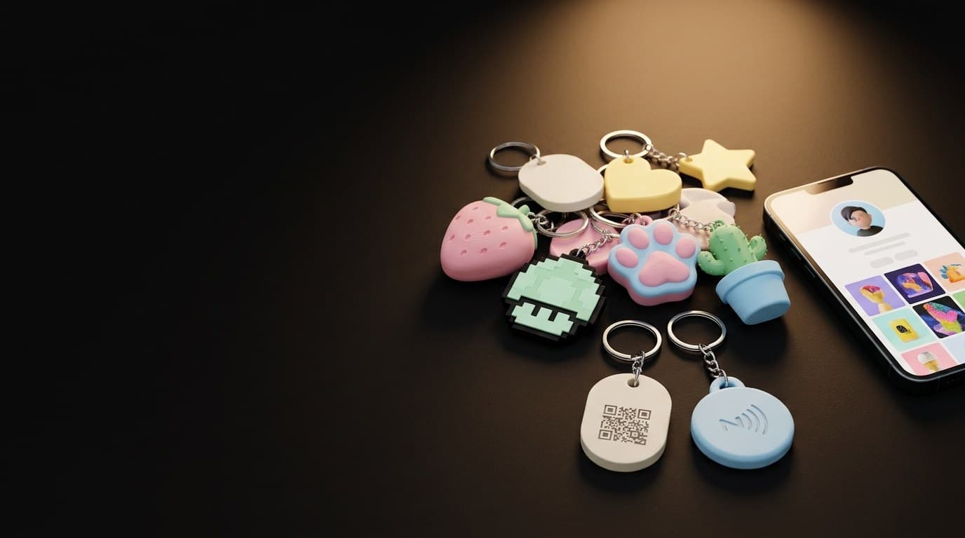Llaveritos impresos en 3D en colores pastel (fresa, patita, cactus, estrella, corazón y hongo pixel), uno con código QR y otro con chip NFC, junto a un celular que muestra una tarjeta digital